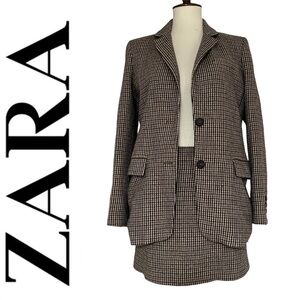 Zara Two Piece Blazer‎ Jacket Skirt Suit Set Houndstooth Brown Tan Size XS